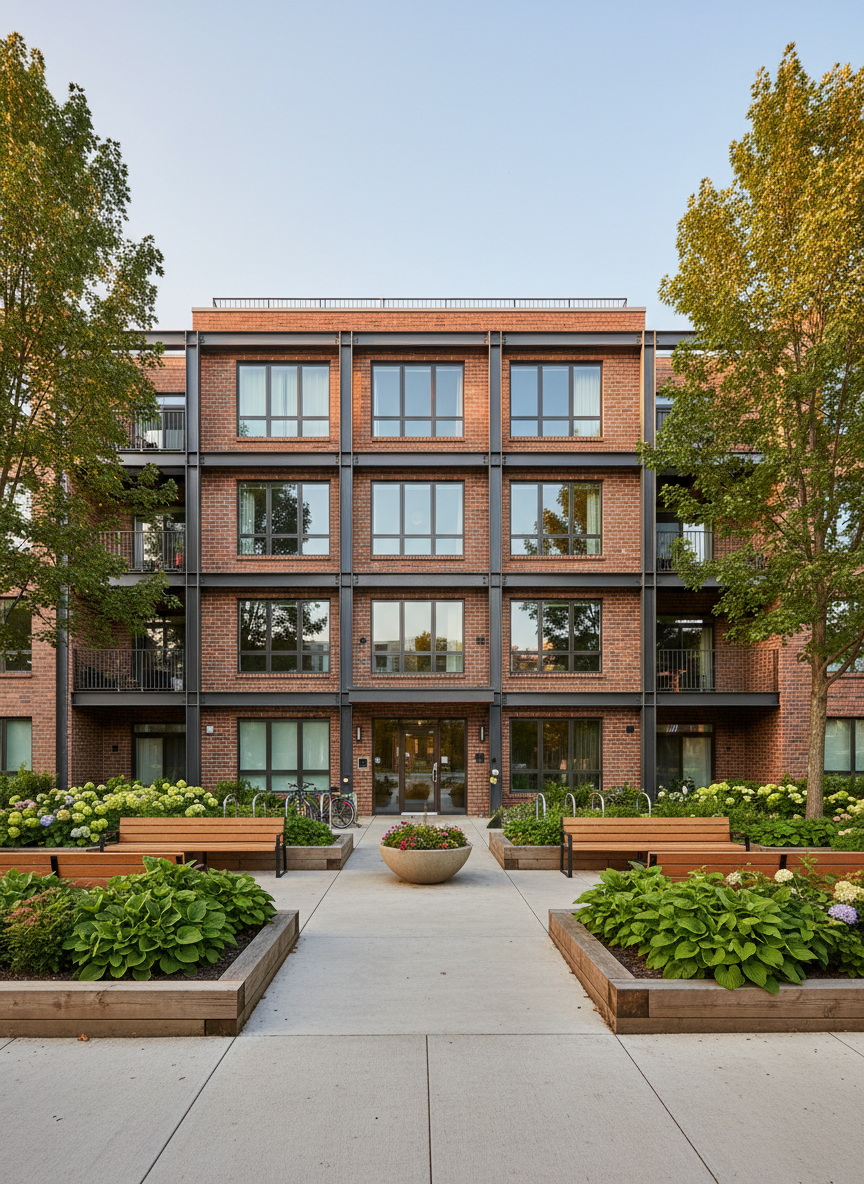 A contemporary brick and steel mid-rise co-operative housing building, with clean lines and large, energy-efficient windows, stands on a tree-lined urban street. Raised garden beds with thriving greenery border a wide, accessible entrance pathway, and a communal outdoor seating area with sturdy wooden benches is visible near the front. Late afternoon natural light casts a warm, even glow across the façade, revealing subtle textures in the masonry and metal railings. Captured at eye level with a wide-angle lens, the scene feels grounded and realistic, emphasizing stability, pride of place, and long-term community investment in well-maintained, sustainable housing. Photographic realism, professional and trustworthy mood, with sharp focus throughout and a clear, uncluttered sky.