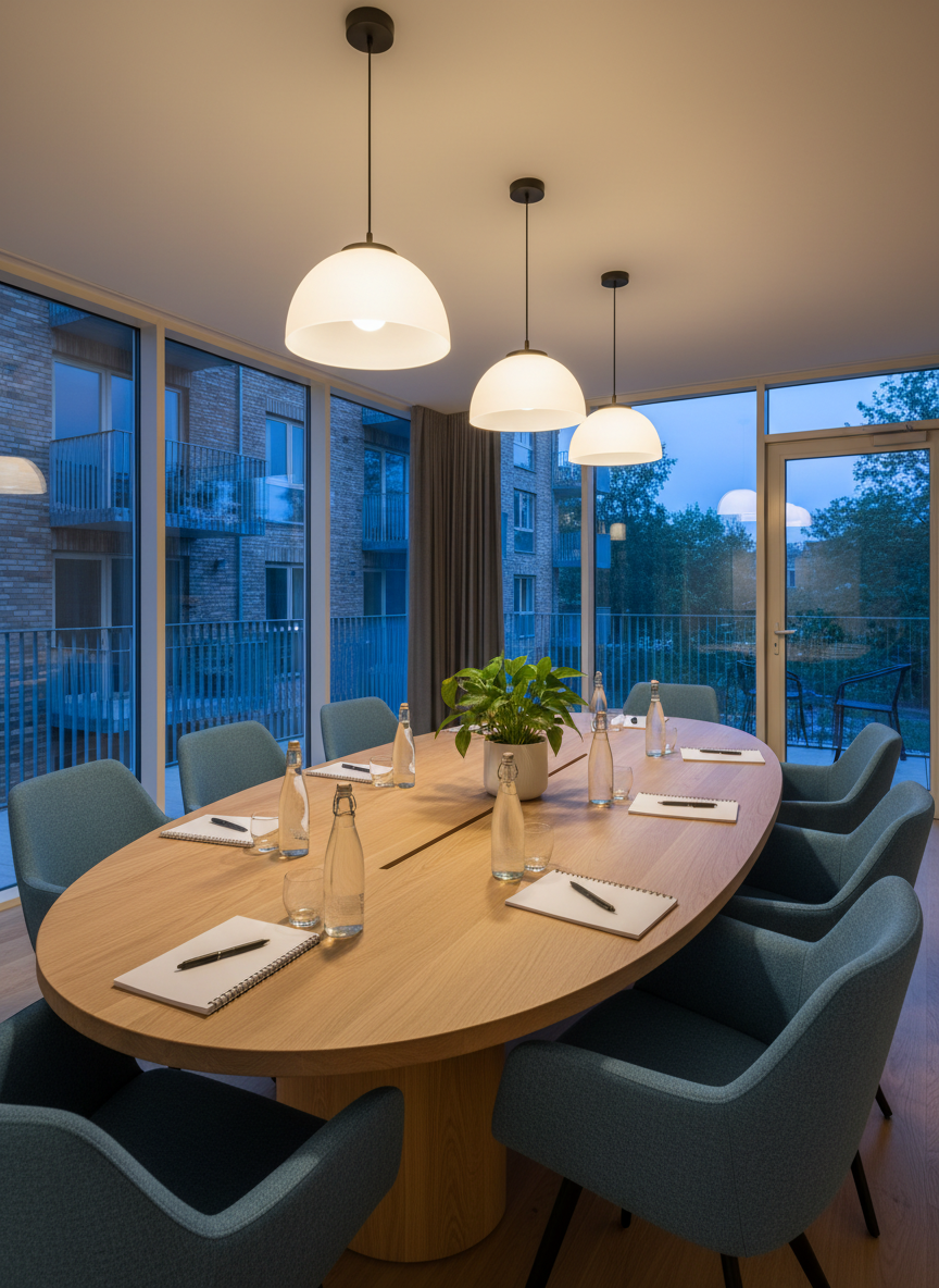 An organized co-operative housing common room set up for a meeting, with a large, sturdy oval table made of light oak surrounded by a ring of comfortable, fabric-upholstered chairs. On the table, a few open, blank notebooks and pens are carefully arranged, along with reusable water bottles and a simple plant centerpiece in a ceramic pot. Floor-to-ceiling windows reveal a glimpse of the housing complex outside. Warm pendant lighting from above mixes with soft twilight from outdoors, casting gentle, overlapping pools of light across the tabletop. Photographed at eye level with a slight diagonal composition, the image suggests collaborative decision-making without showing any people. The mood is professional yet approachable, with photographic realism and a clean, orderly atmosphere that reflects transparent, resident-led governance.
