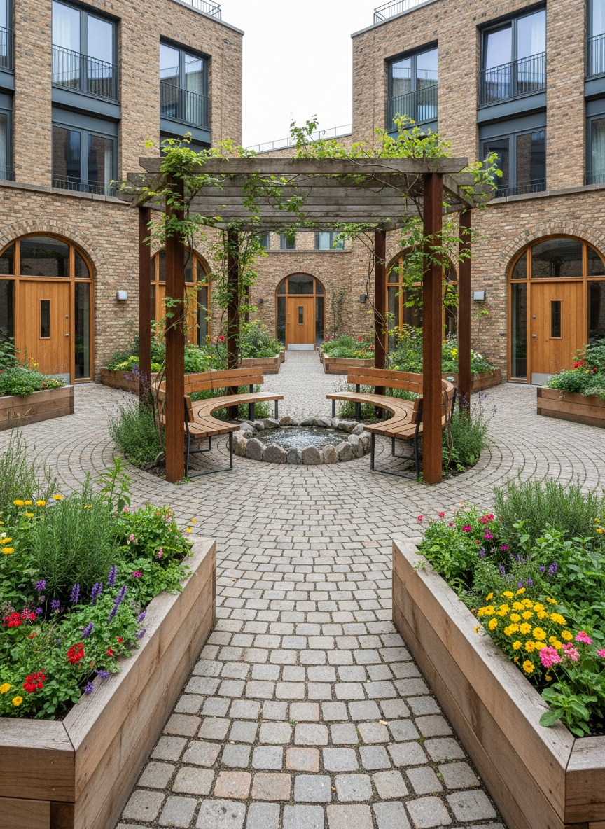 A landscaped interior courtyard at the center of a co-operative housing complex, featuring a circular paved walkway, raised wooden planters overflowing with herbs and flowers, and a covered pergola constructed from weathered timber and steel supports. Built-in benches curve around a small, stone-edged water feature, creating quiet nooks for reflection. Soft, diffused overcast daylight gently illuminates every surface, emphasizing the rich textures of foliage, stone, and wood without harsh shadows. Captured from a slightly elevated, wide-angle perspective, the image shows multiple building entrances opening onto the shared courtyard, conveying connection and accessibility. The atmosphere is calm and communal, with photographic realism, natural colors, and a sense of shared stewardship over green space in an urban co-op environment.