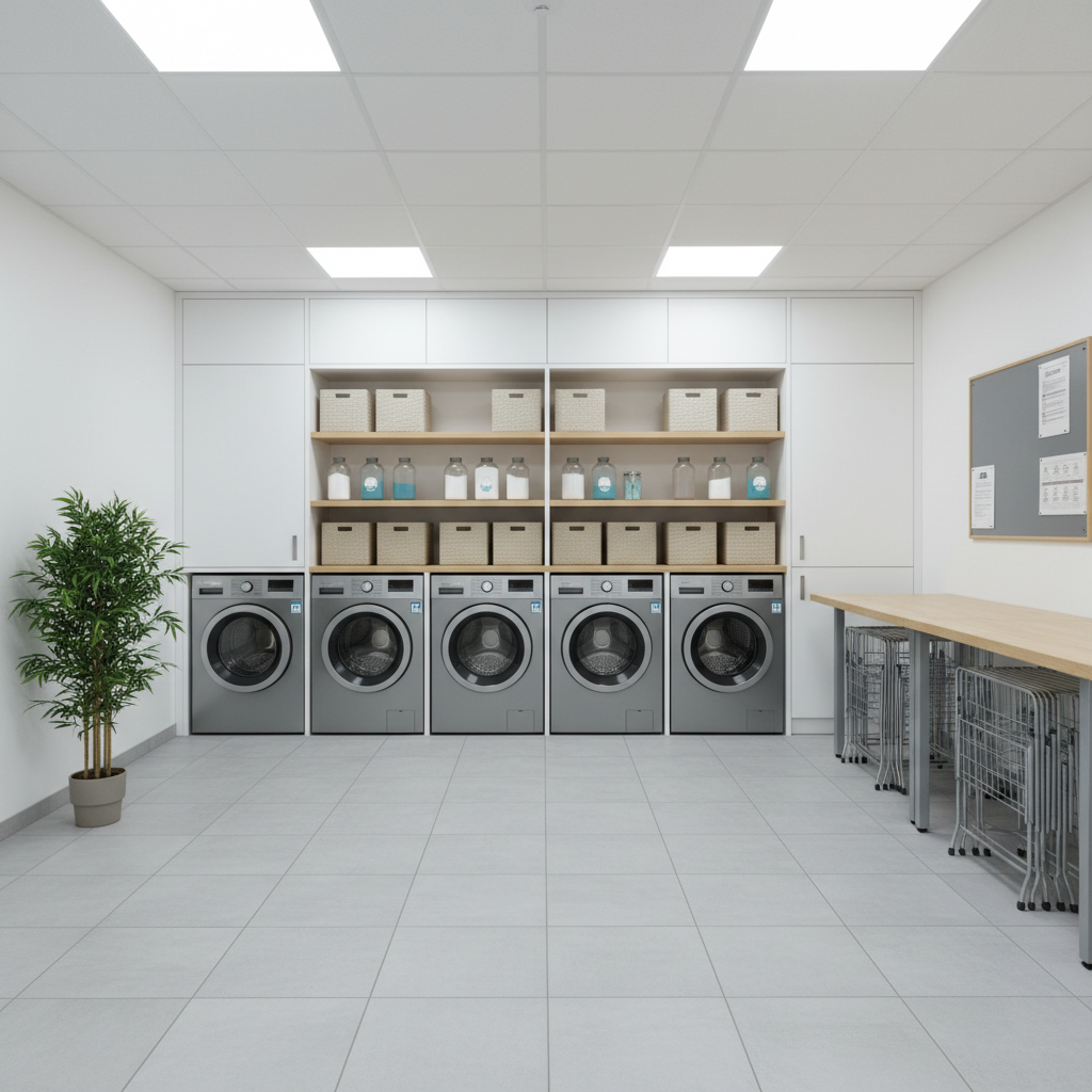 A well-maintained shared laundry and utility room in a co-operative housing building, featuring a row of modern, front-loading stainless-steel washers and dryers set into a built-in wall unit. Above them, open shelves hold neatly stacked, neutral-colored woven baskets and eco-friendly detergent containers without visible branding or text. The floor is covered in durable, non-slip tile, and a long, sturdy folding counter in light wood runs opposite. Bright, even LED overhead lighting creates a clear, shadow-free environment, emphasizing cleanliness and practicality. Captured from a straight-on, wide-angle perspective, the composition gives a complete view of the room, reinforcing the idea of shared, well-organized amenities. The mood is efficient, orderly, and reassuring, in a photographic realistic style suitable for a professional non-profit housing organization.