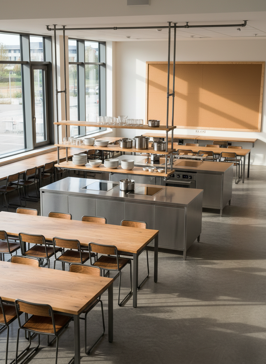 A bright communal kitchen and dining area inside a co-operative housing building, featuring long solid-wood tables, durable metal-framed chairs, and open shelving stocked with neatly arranged dishes and cookware. Large windows on one side flood the room with soft morning light, creating gentle reflections on the stainless-steel countertops and subtle shadows on the polished concrete floor. In the background, a notice board is present but intentionally blank, suggesting shared planning without visible text. Shot from a slightly elevated angle, the composition leads the eye from foreground to background, showcasing multiple zones for cooking, eating, and collaboration. The mood is welcoming and functional, with photographic realism and a clean, modern aesthetic that communicates shared resources and everyday cooperation.